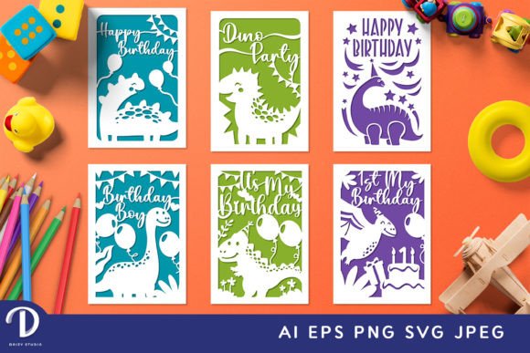 Dinosaur Birthday Card Paper Cut SVG Graphics
