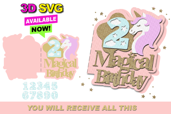 Unicorn Magical Birthday Card 3D SVG for Laser Cutting