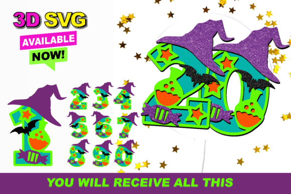 Witches Numbers 3D SVG for Birthdays